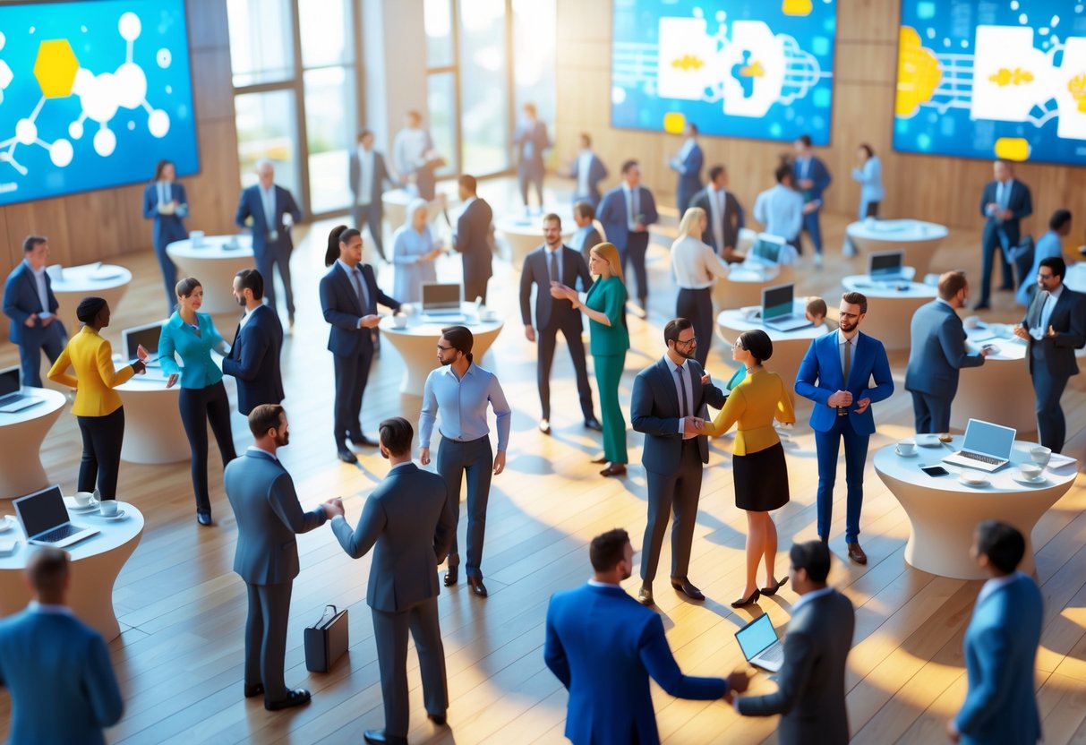 People in a modern conference hall talking and shaking hands, with tables and laptops around them, showing a busy networking event.