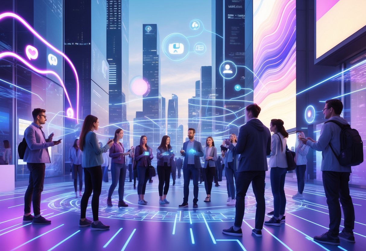 A futuristic city scene showing people interacting with holographic digital interfaces and wearable technology, surrounded by floating icons and data streams.
