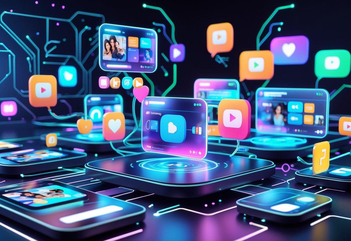 A digital scene showing interconnected platforms with floating video clip icons and holographic screens representing social media activity.