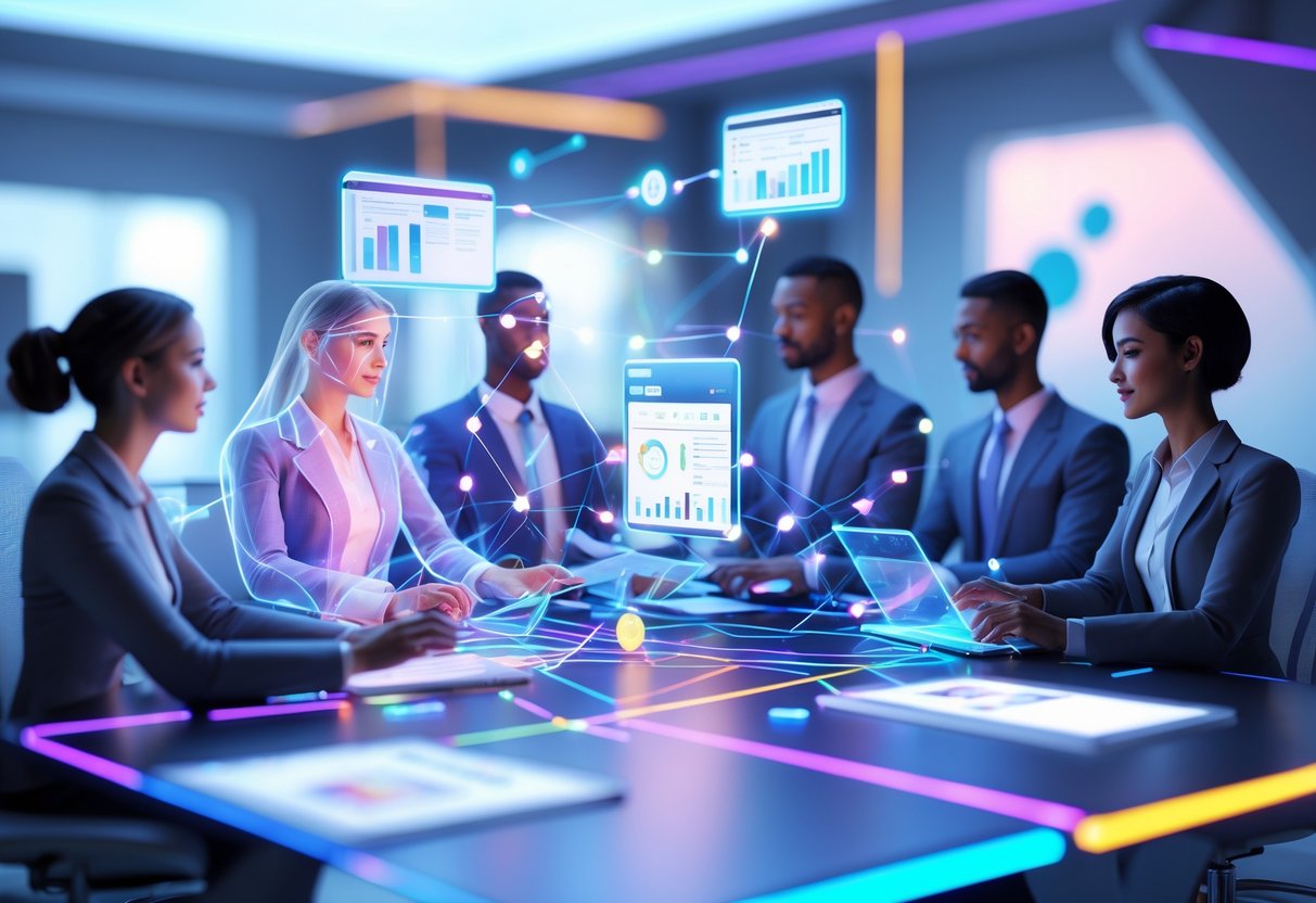 A 3D scene showing several holographic people connected by glowing lines, working together with floating digital screens in a futuristic virtual office.