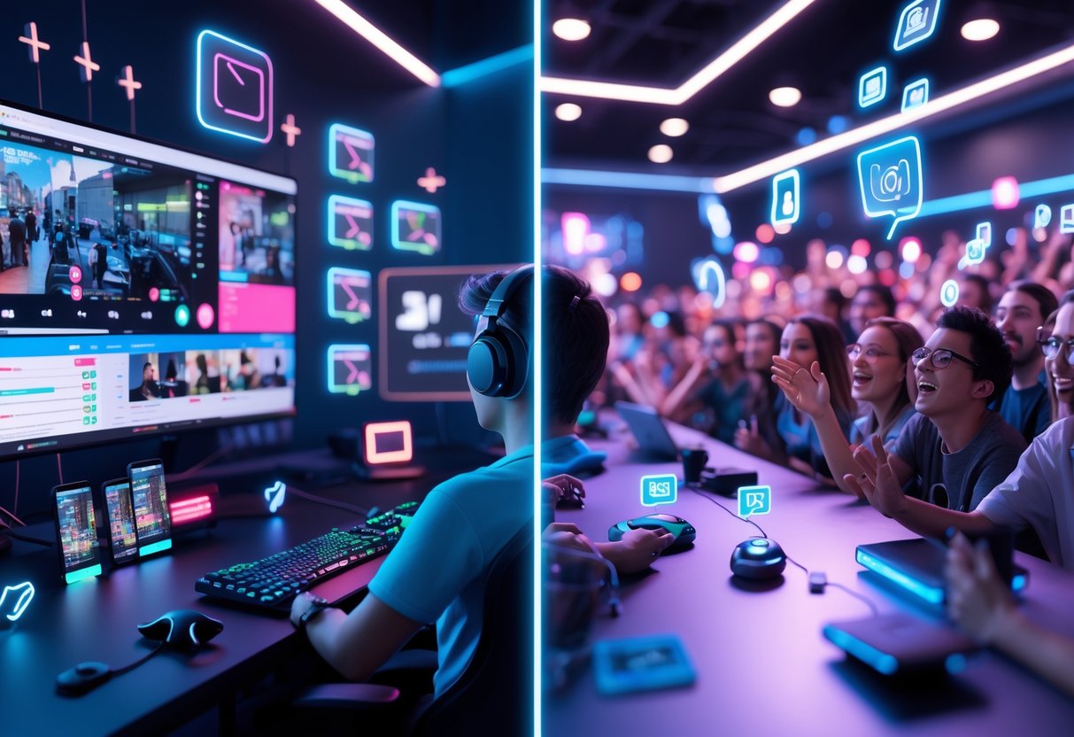A streamer in a gaming room with multiple screens and an audience watching on various devices, surrounded by floating icons representing video clips and interactions.