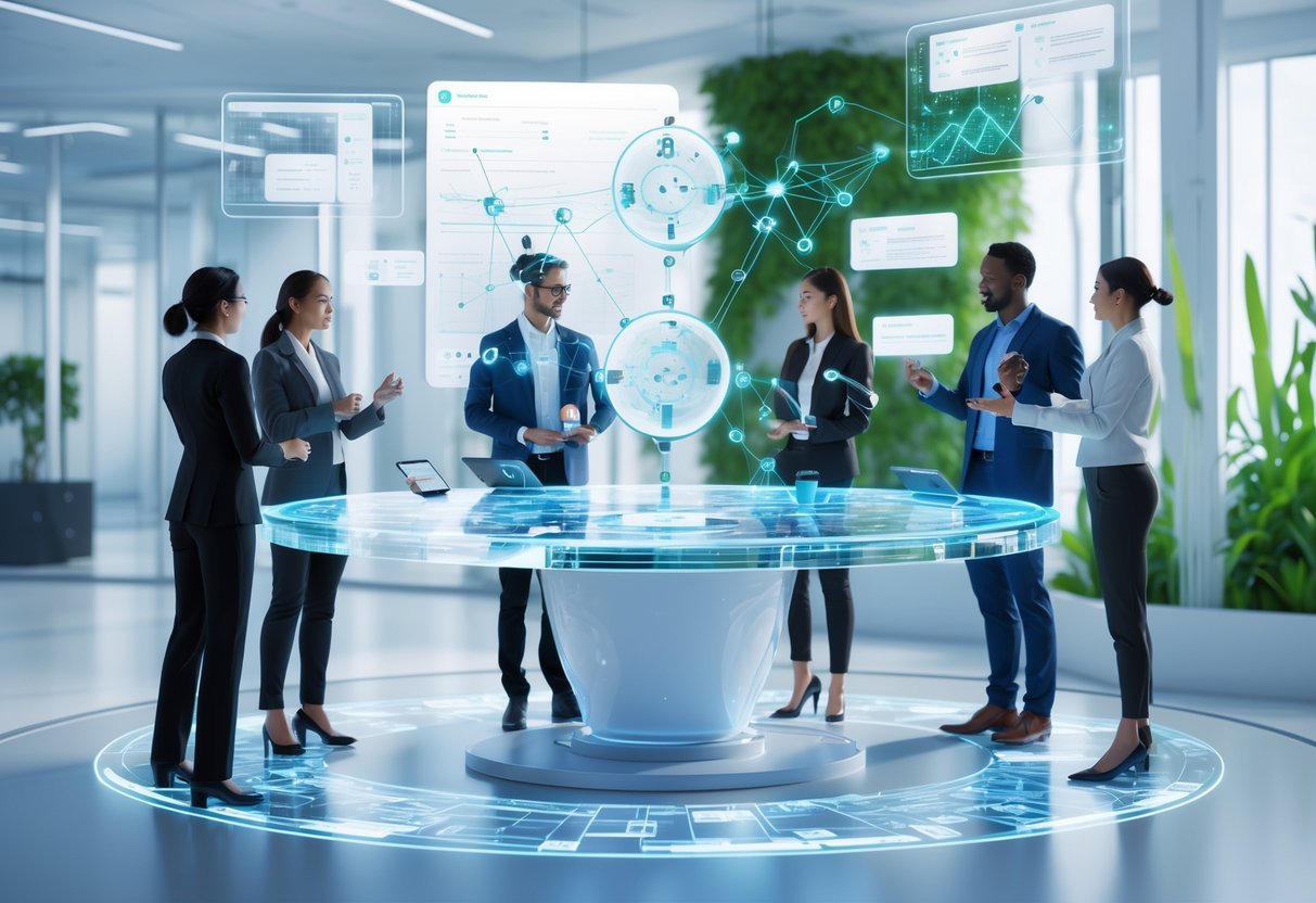 A group of diverse professionals collaborating around a holographic table with floating digital interfaces in a modern workspace.