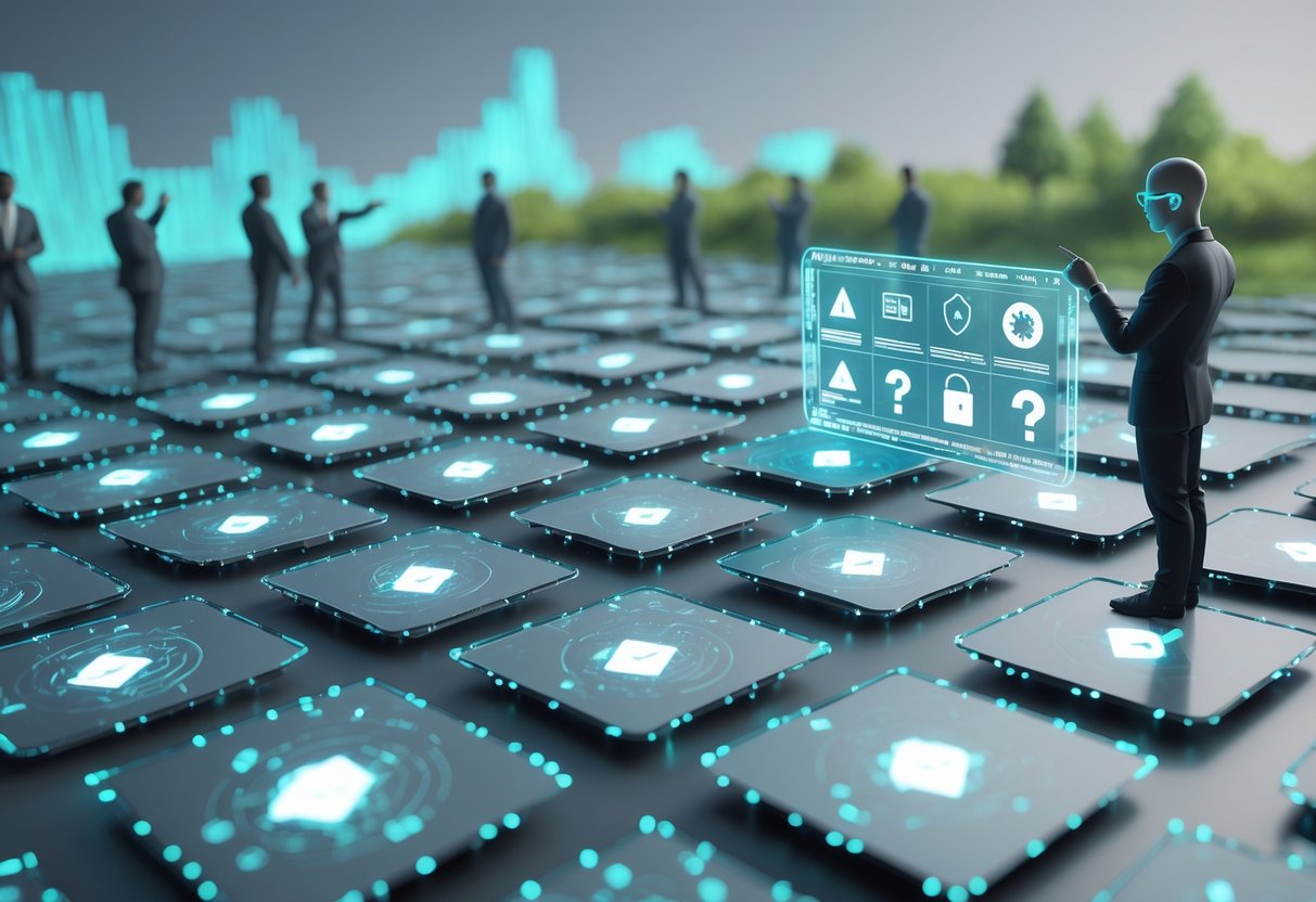 A person examining floating video clips arranged like a digital farm, with other figures nearby showing concern, set in a futuristic digital landscape.