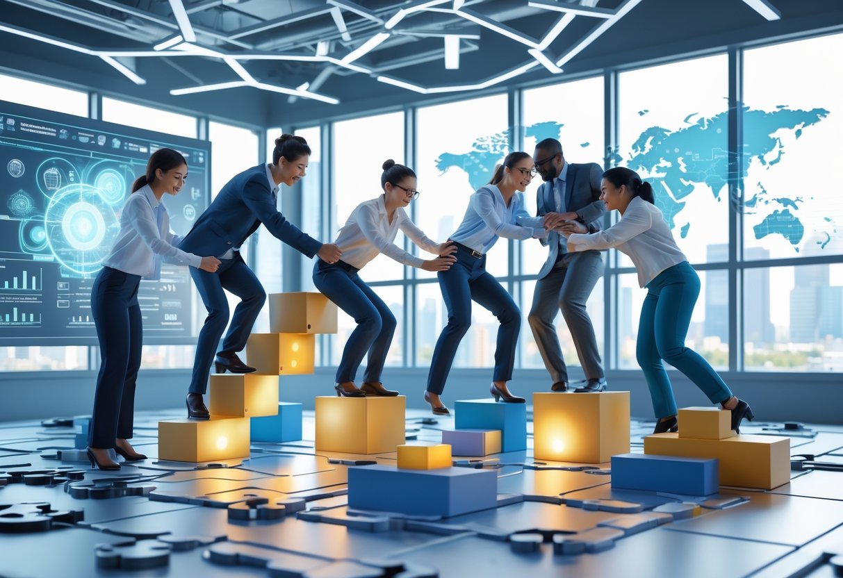A group of people working together to solve a complex puzzle made of gears and digital elements in a modern workspace, helping each other overcome obstacles.