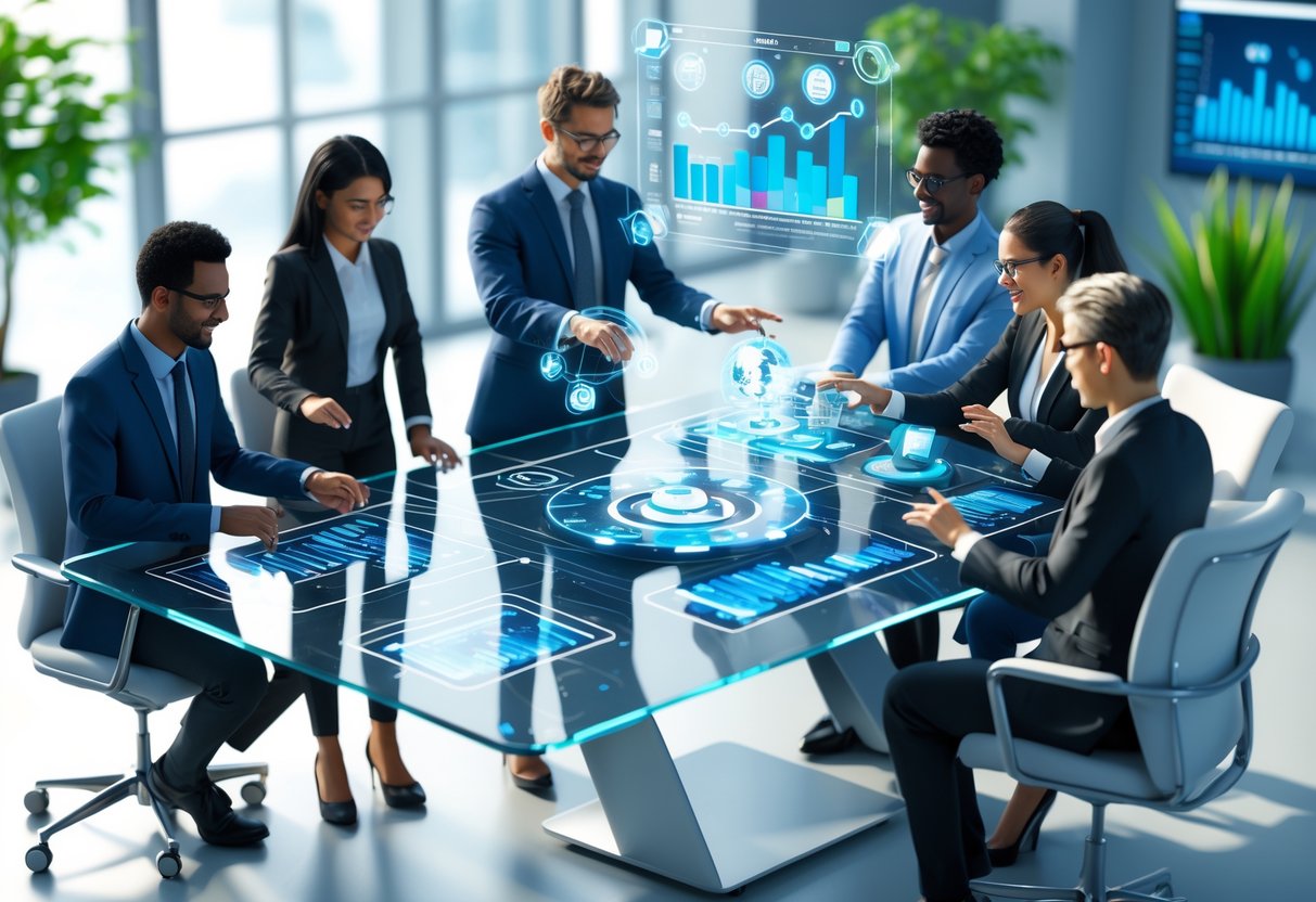 A group of diverse professionals working together around a digital table with floating charts and graphs in a bright office space.