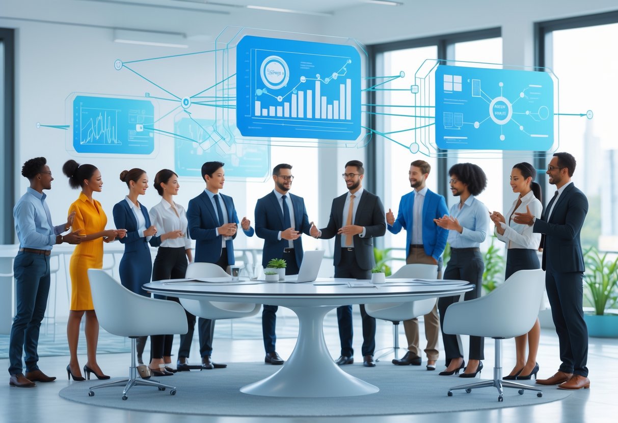 A group of diverse professionals around a conference table discussing and sharing ideas in a bright office space with digital screens showing graphs and charts.