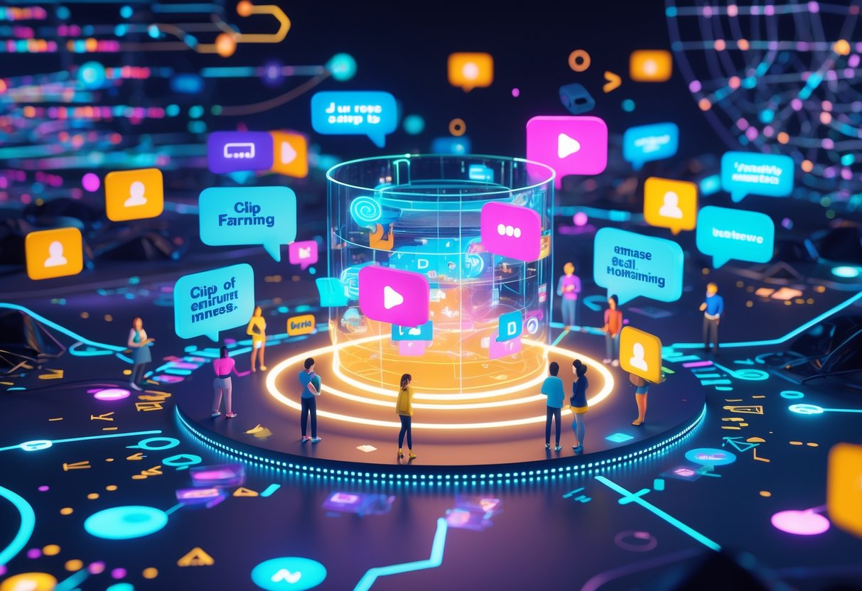 A colourful digital scene showing people interacting with floating video clips and social media icons around a glowing central hub in a busy online environment.