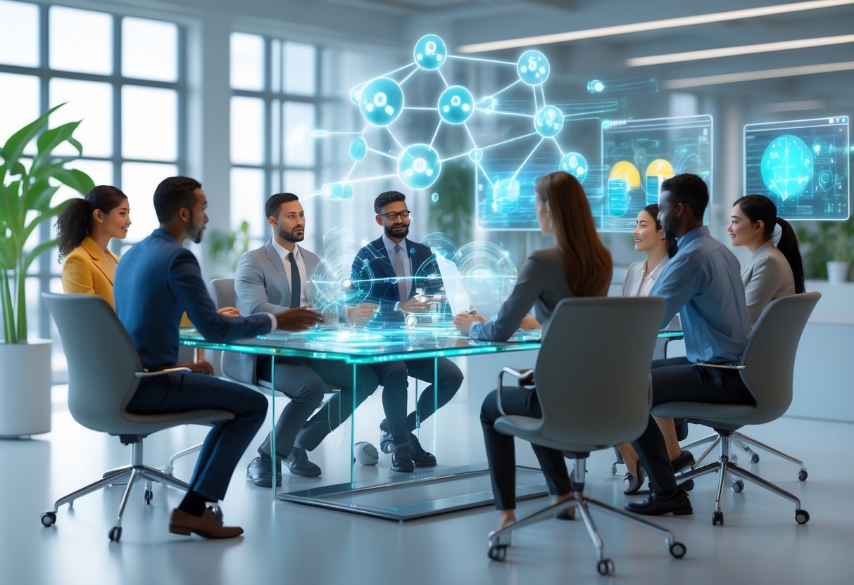 A group of people working together around a glass table with digital holograms representing questions and collaboration in a bright office space.