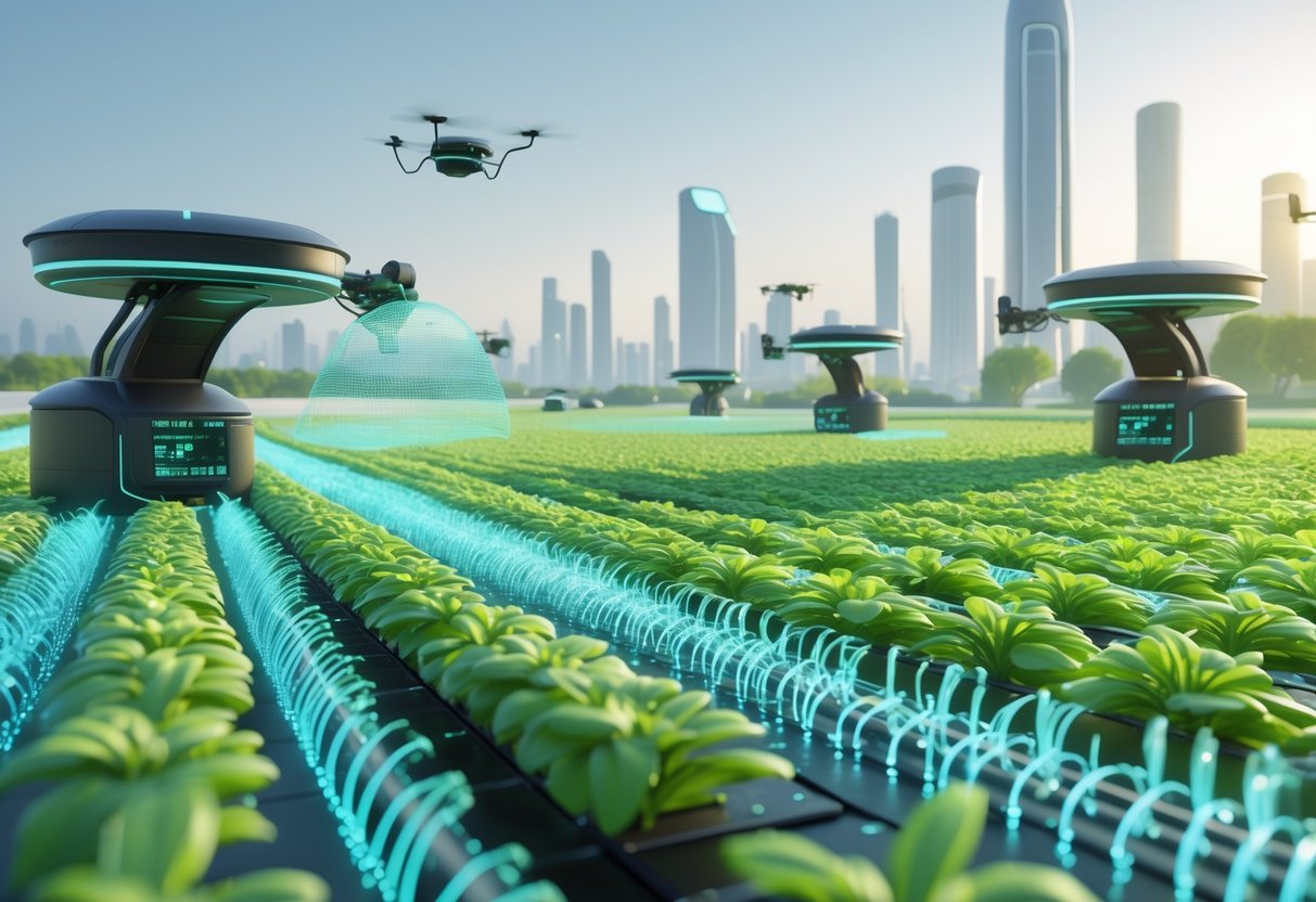 A futuristic farm with robotic machines harvesting glowing plant-like clips in neat rows, with a modern city skyline in the background.
