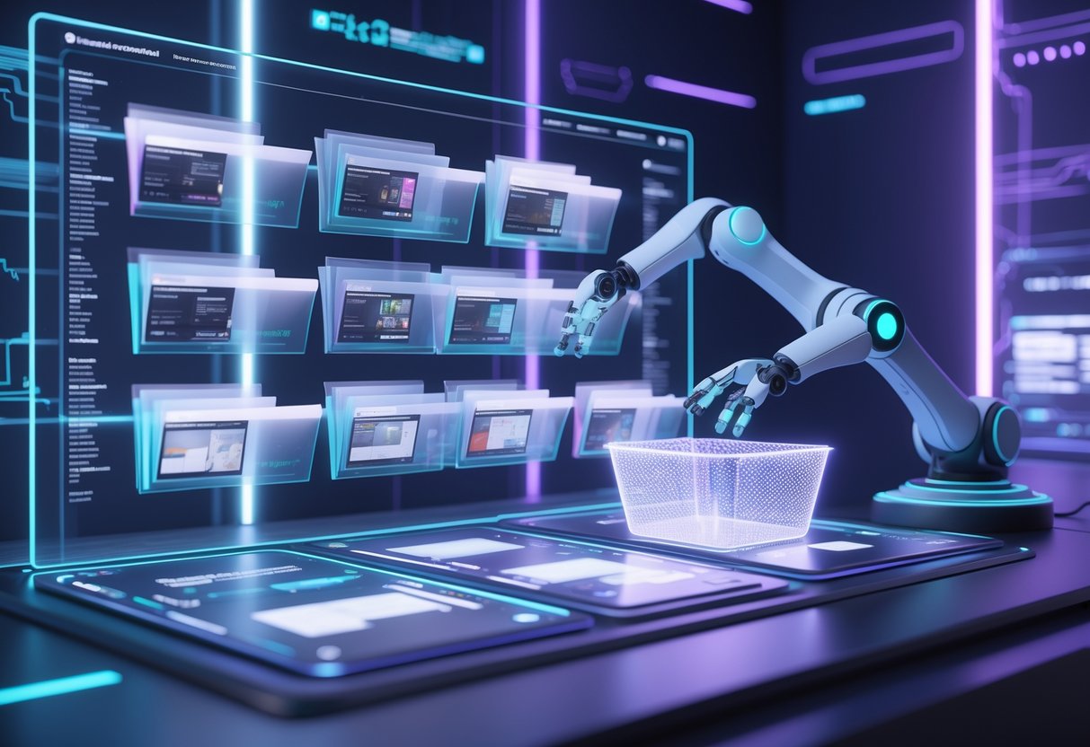 A 3D scene showing a futuristic digital workspace with floating video clips being sorted by a robotic arm into glowing folders, surrounded by holographic screens and data streams.