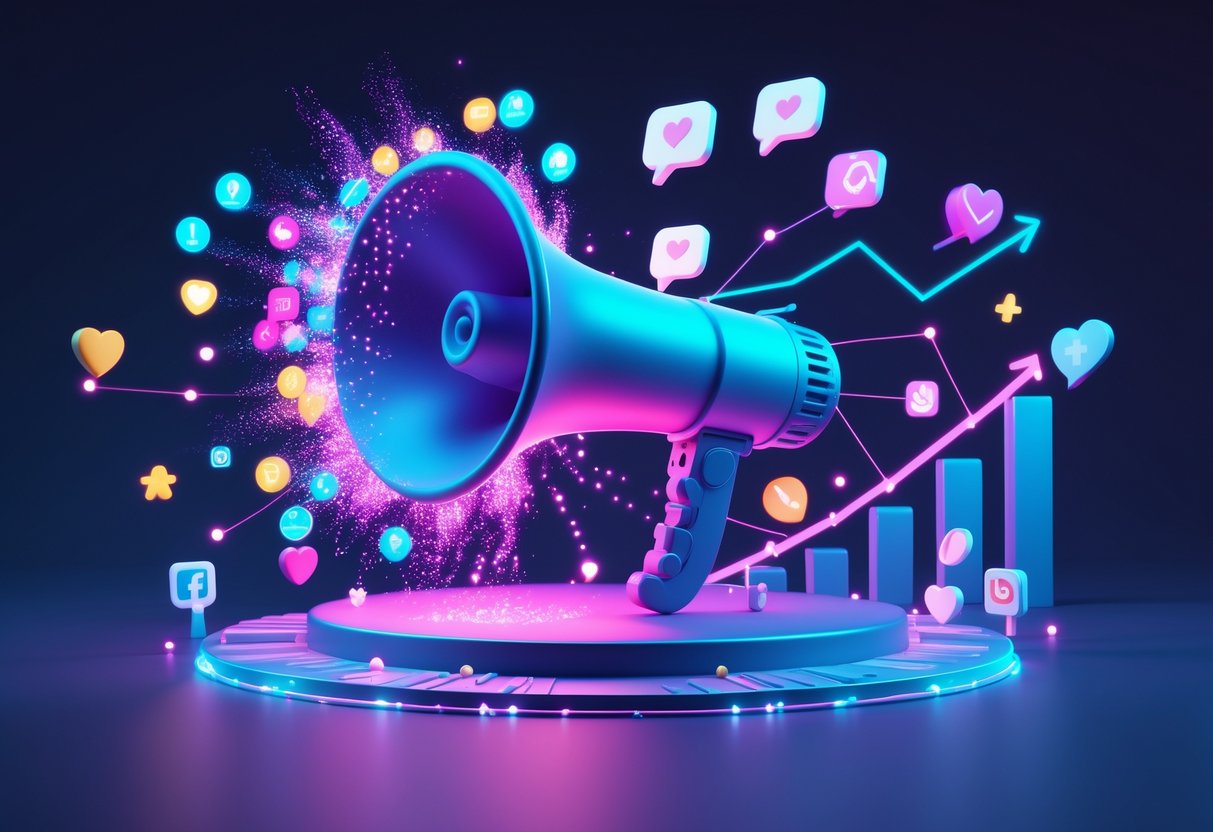 A glowing megaphone emitting colourful waves surrounded by social media icons and network lines, with upward trending arrows and graphs in the background.