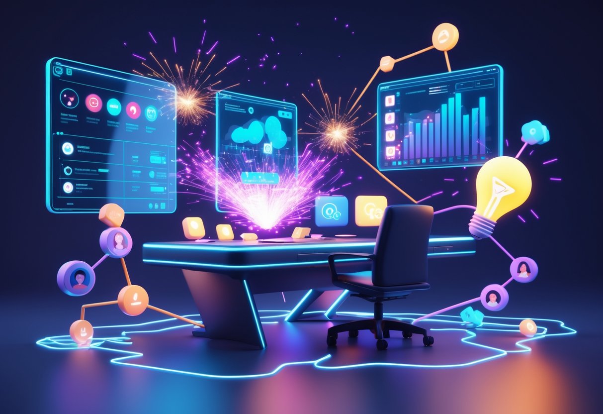 A 3D scene showing a digital workspace with floating holographic screens displaying social media icons and graphs, surrounded by symbols of ideas and network sharing, representing the creation and spread of viral content.