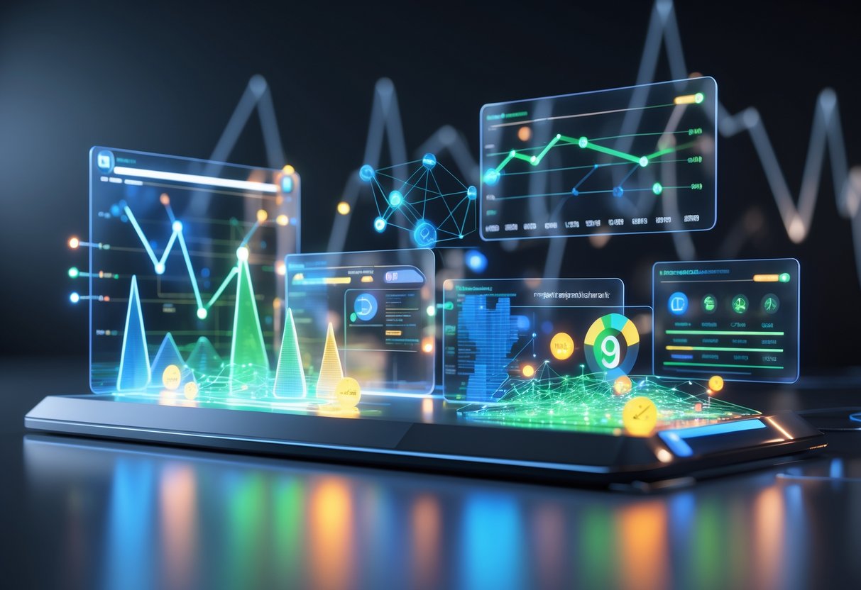 A 3D digital dashboard showing glowing charts, graphs, and interconnected nodes representing data measuring viral potential.
