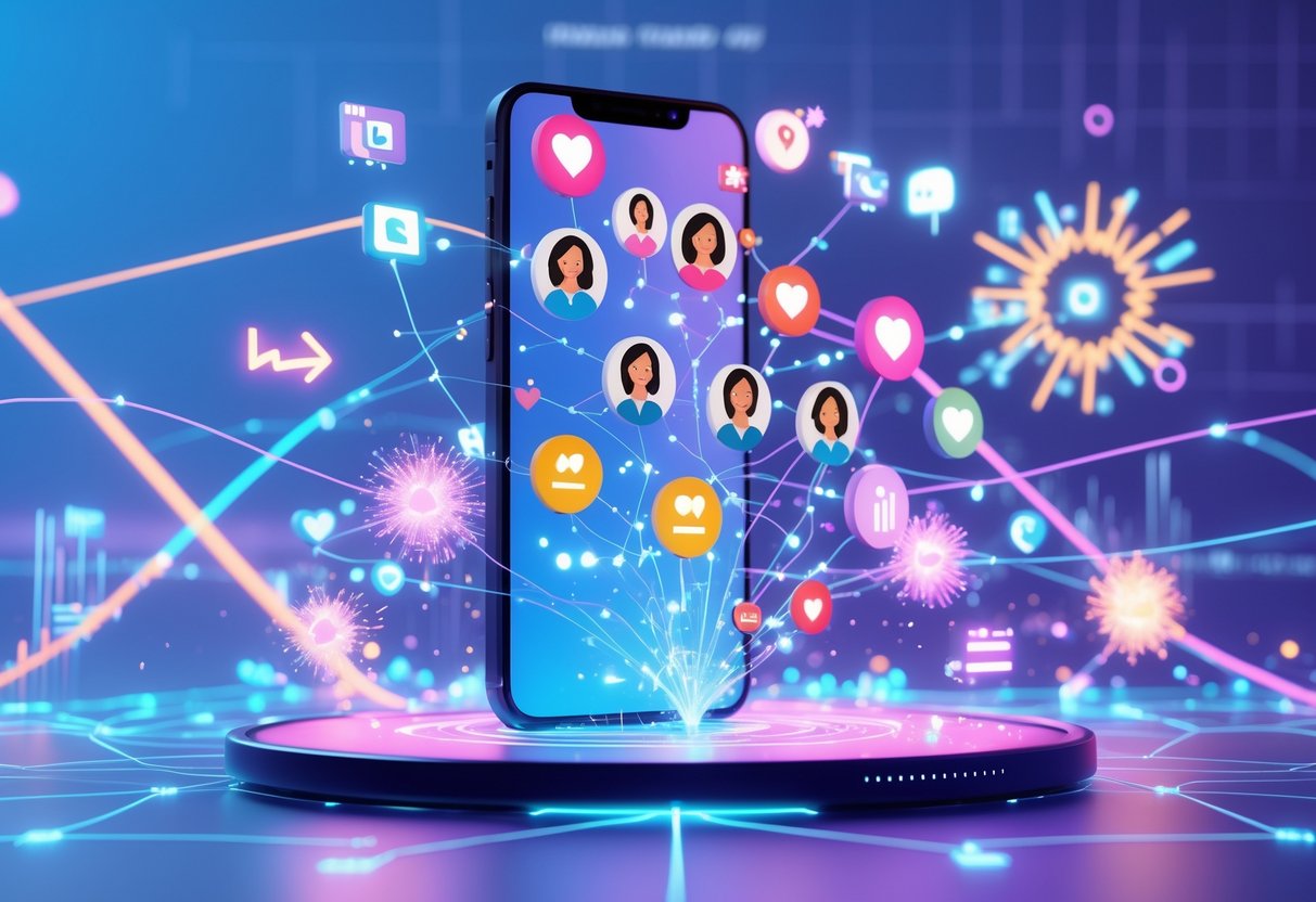 A 3D scene showing a smartphone surrounded by floating influencer icons and symbols of social media engagement connected by glowing lines, representing viral marketing strategies.