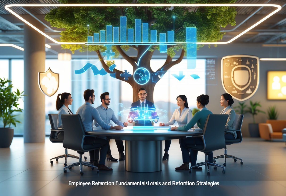 A group of diverse employees working together around a table with floating charts, surrounded by symbols of teamwork, growth, and support in a bright office setting.