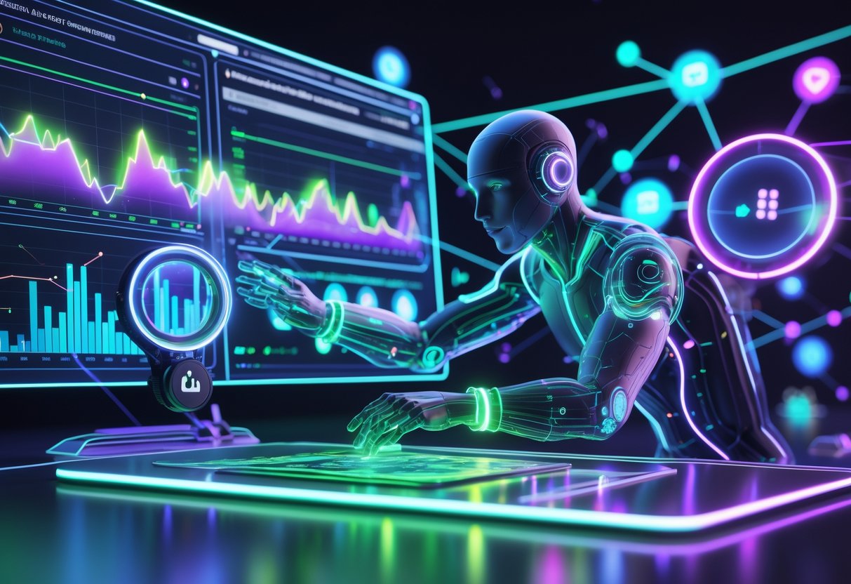 A futuristic digital dashboard with glowing charts and data streams showing social media trends, with a transparent figure interacting with floating data nodes connected by bright lines representing viral spread.