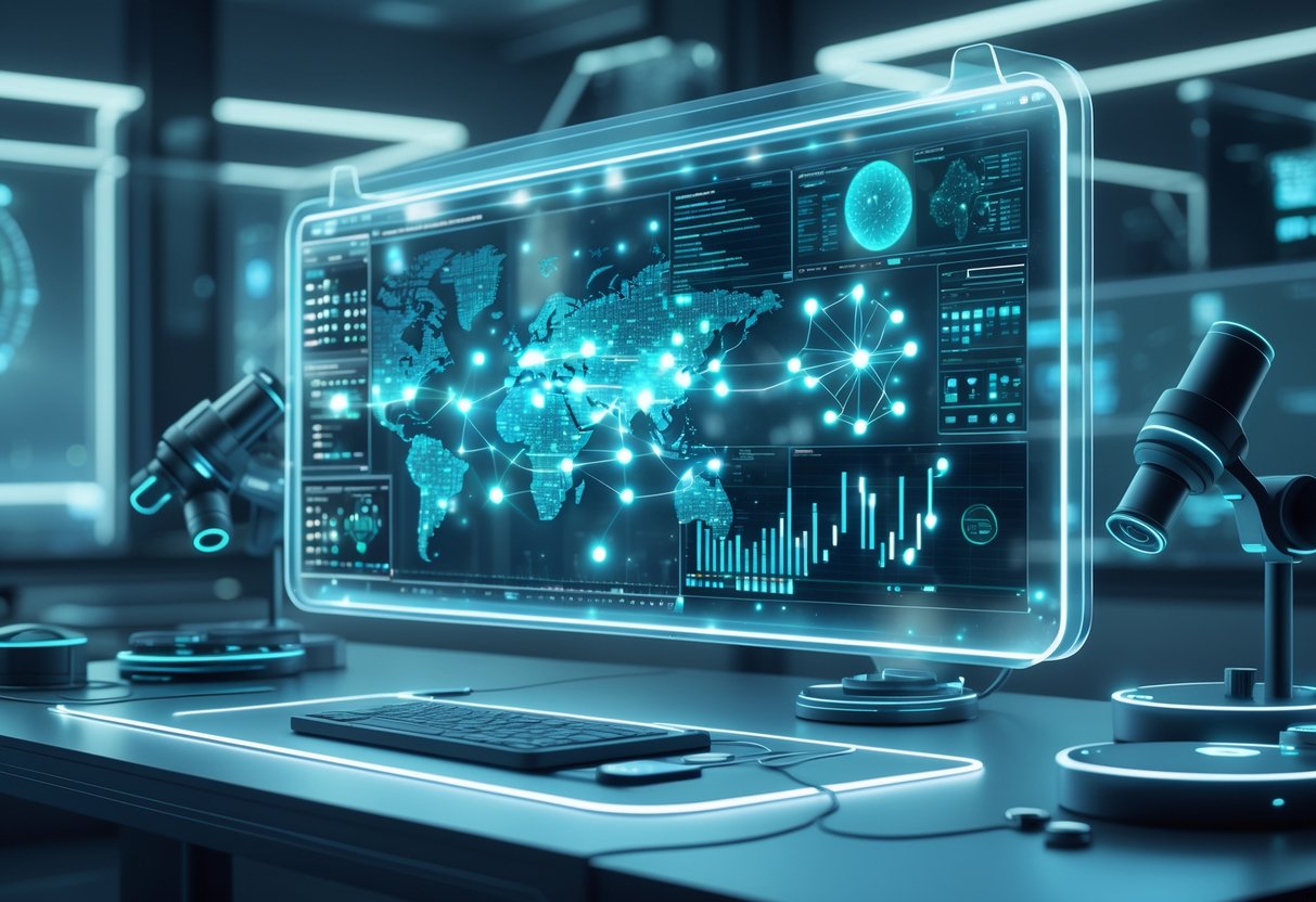 A 3D scene showing a futuristic digital workspace with holographic data displays and advanced tools analysing viral spread patterns.