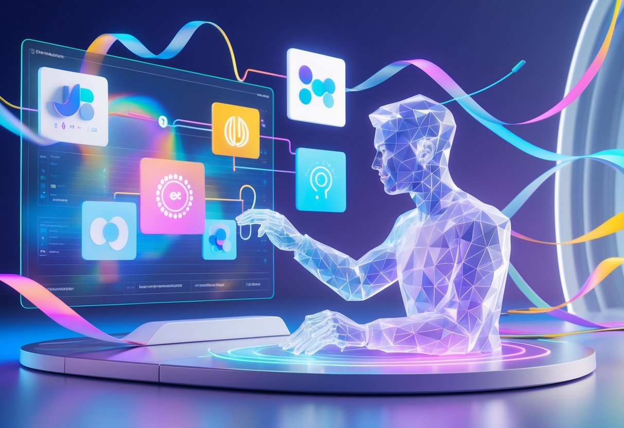 A person interacting with floating holograms representing brand elements and communication in a futuristic digital workspace.