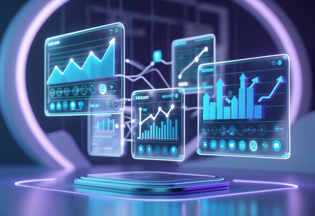 A 3D scene showing glowing holographic panels with graphs and network nodes, illustrating viral growth and digital connectivity in a futuristic setting.