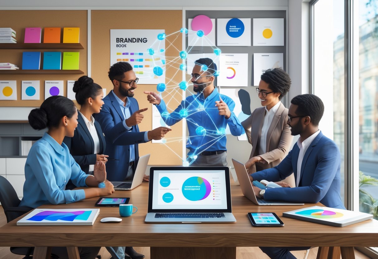 A group of professionals collaborating around a desk with digital devices and a floating screen showing brand messaging elements in a bright office.