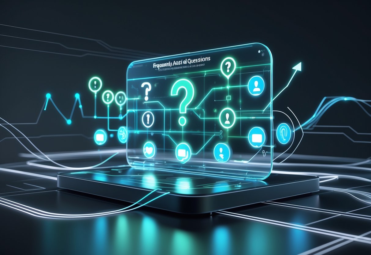 A 3D scene showing a floating holographic interface with glowing question marks, chat icons, and upward arrows surrounded by flowing light streams on a dark reflective surface.