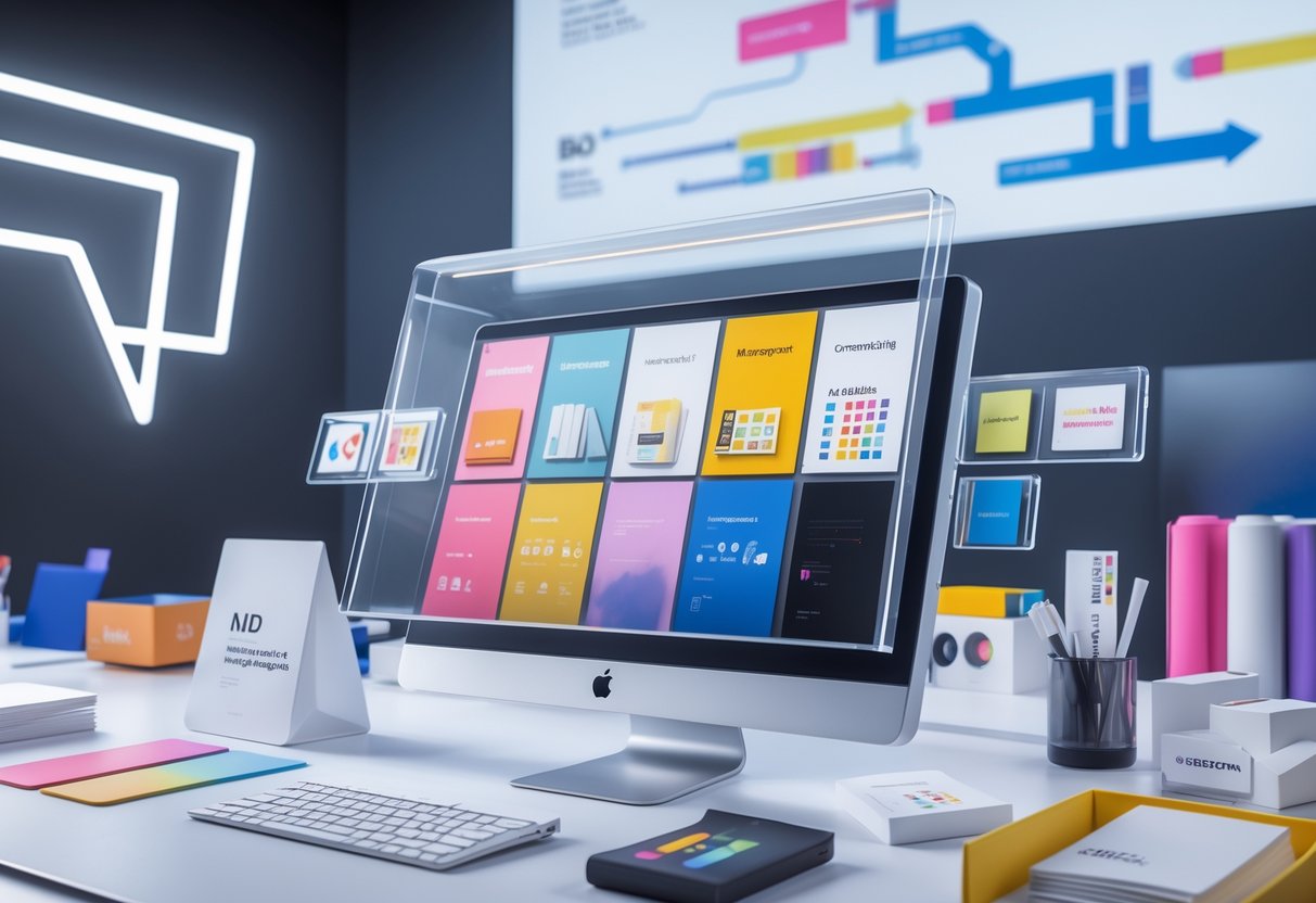 A modern workspace with digital screens showing brand logos and design elements, surrounded by branded stationery and packaging prototypes.