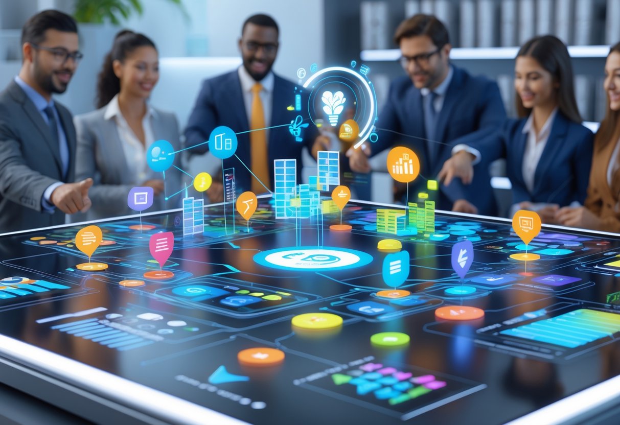 A group of professionals collaborating around a digital touchscreen table showing colourful brand strategy icons and graphs in a modern office setting.