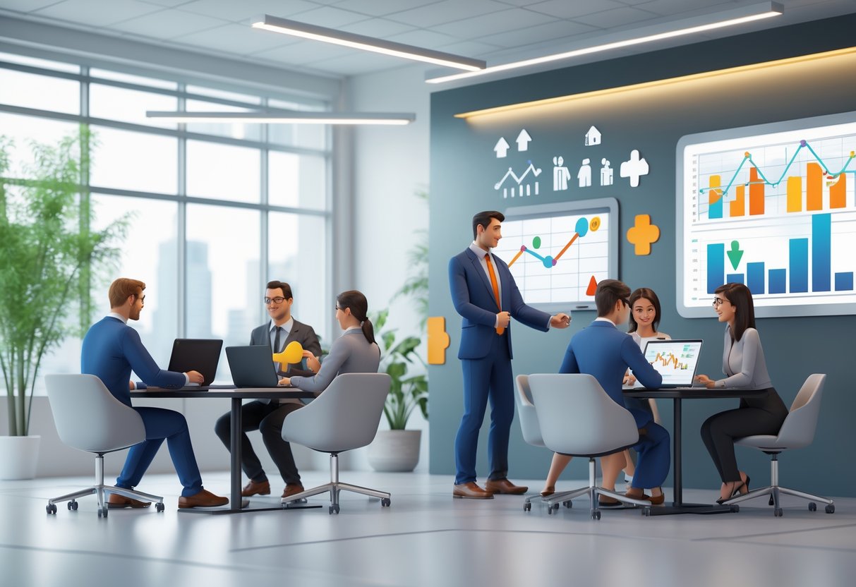 A modern office scene showing employees collaborating, mentoring, and working together in a bright, supportive workspace focused on growth and development.