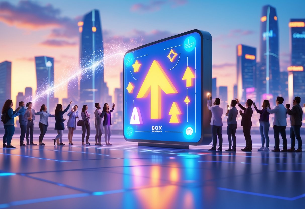 A city scene at sunrise with a large digital billboard showing glowing shapes, surrounded by people engaging with it, and skyscrapers in the background.