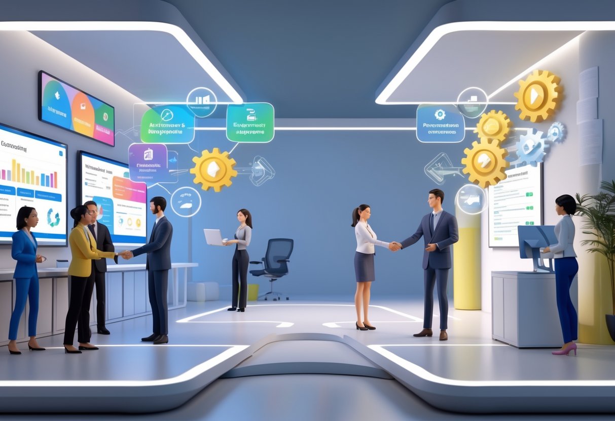 A 3D scene showing a modern office with areas for welcoming new employees and saying goodbye to departing staff, connected by a pathway with floating icons representing employee retention strategies.