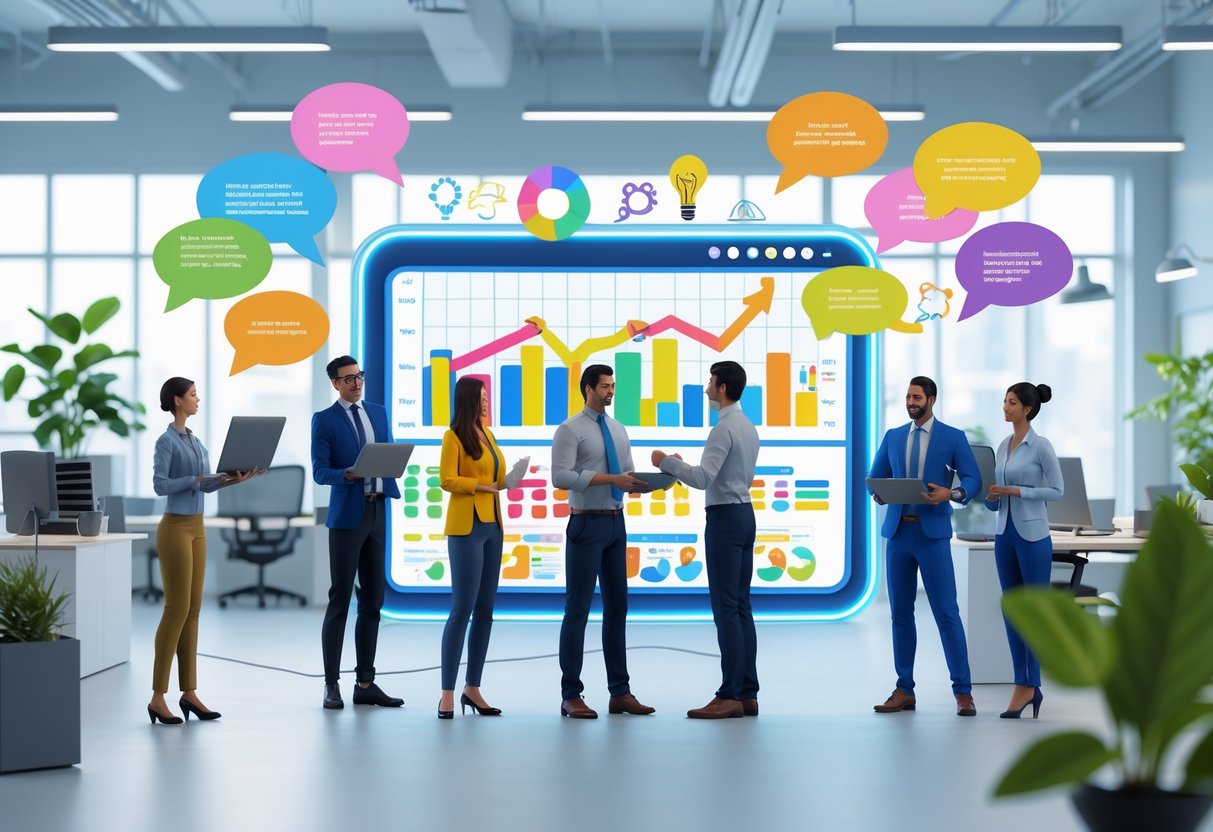 A modern office scene with diverse employees collaborating around digital feedback tools and brainstorming ideas in an open workspace.