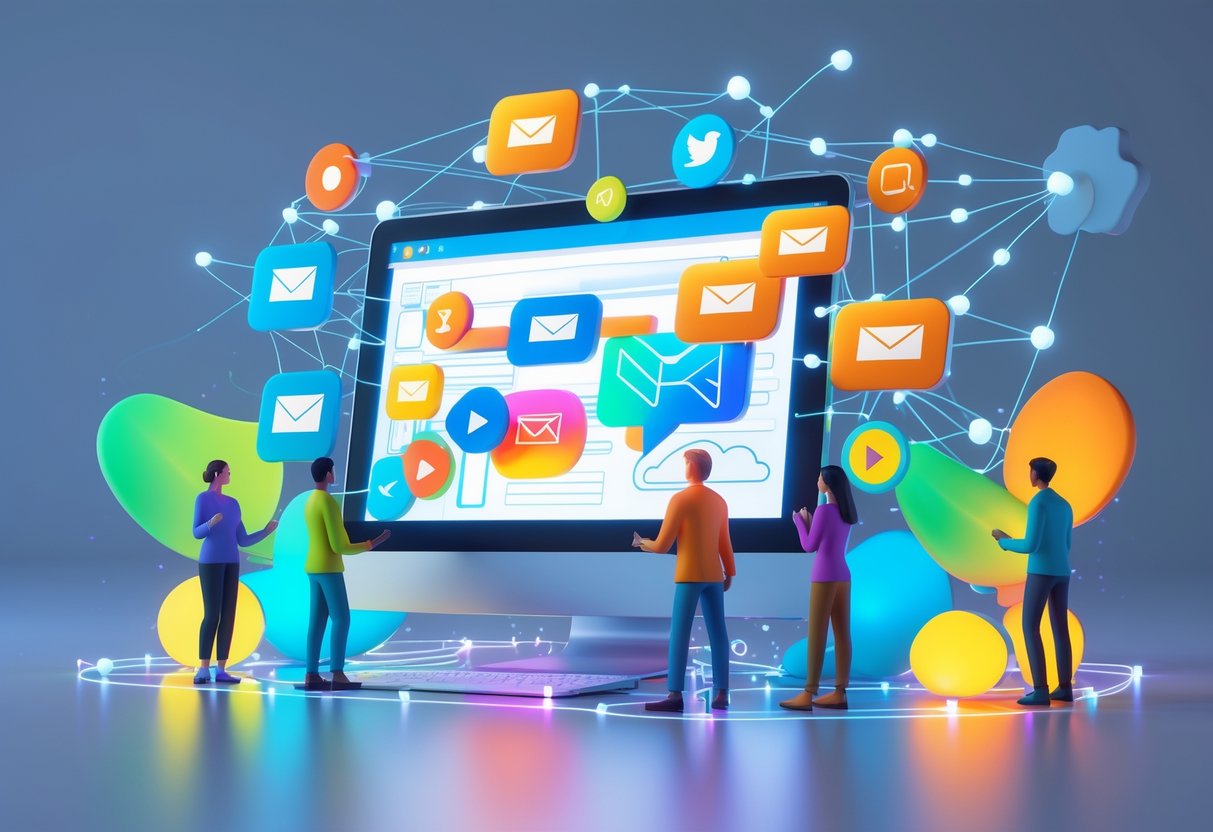 A digital workspace showing a computer screen with email icons and content elements surrounded by people interacting, representing brand building through content and email marketing.