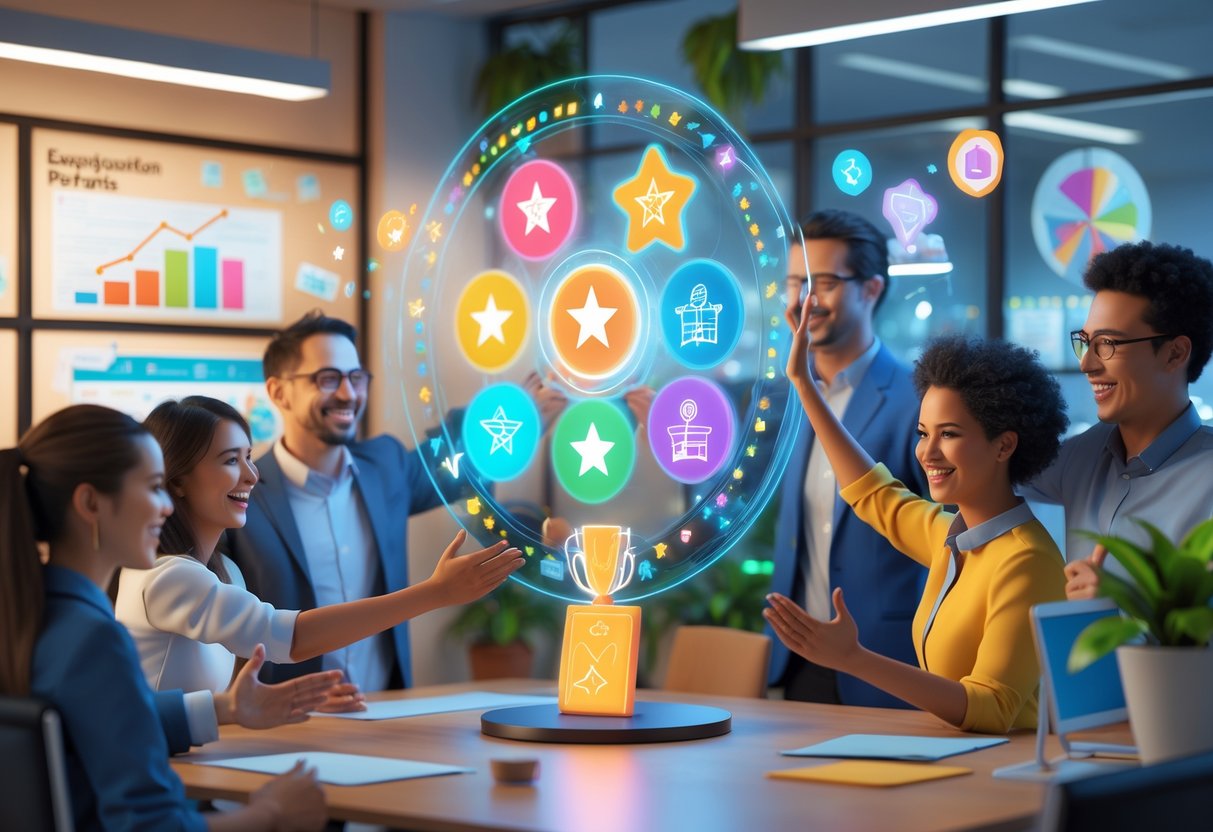 A modern office scene with employees celebrating achievements around a holographic display showing reward icons and positive growth charts.