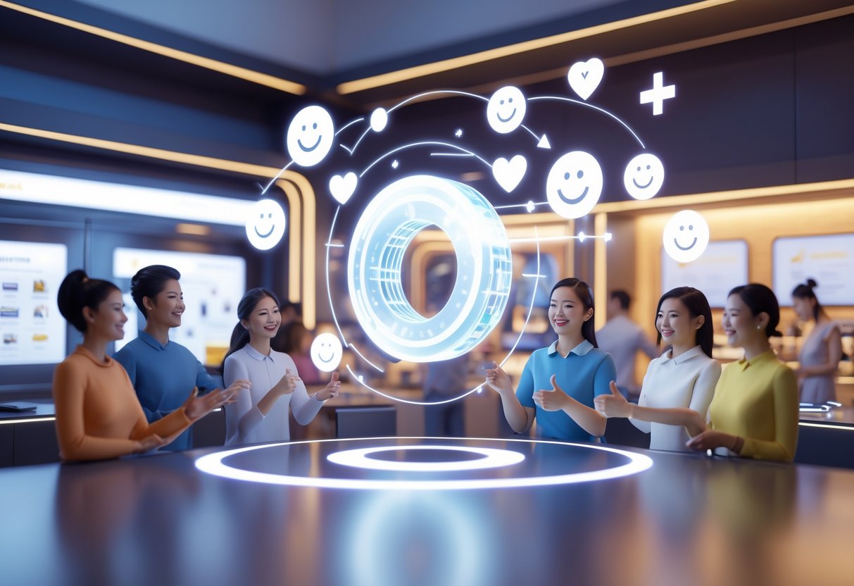 A group of happy customers interacting with digital interfaces and a glowing brand logo in a modern store environment, symbolising customer experience and loyalty.