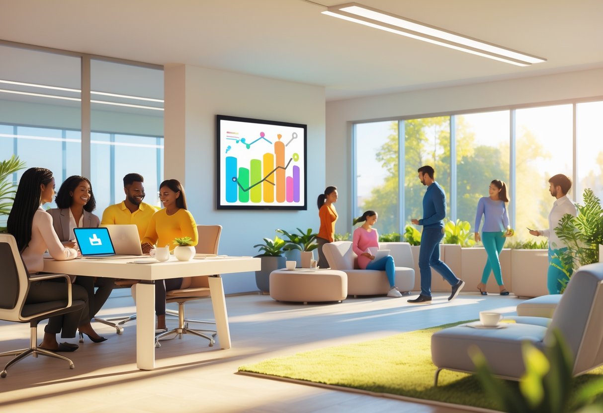 An office scene showing employees working, relaxing, and taking breaks in a bright, natural-lit workspace with plants and outdoor views.