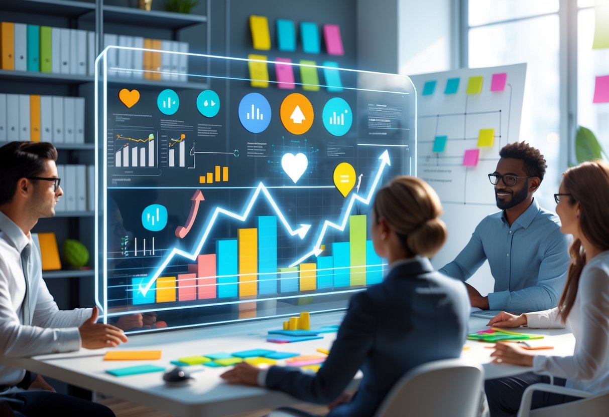 A team of professionals working together around a digital screen showing graphs and brand symbols in a modern office.