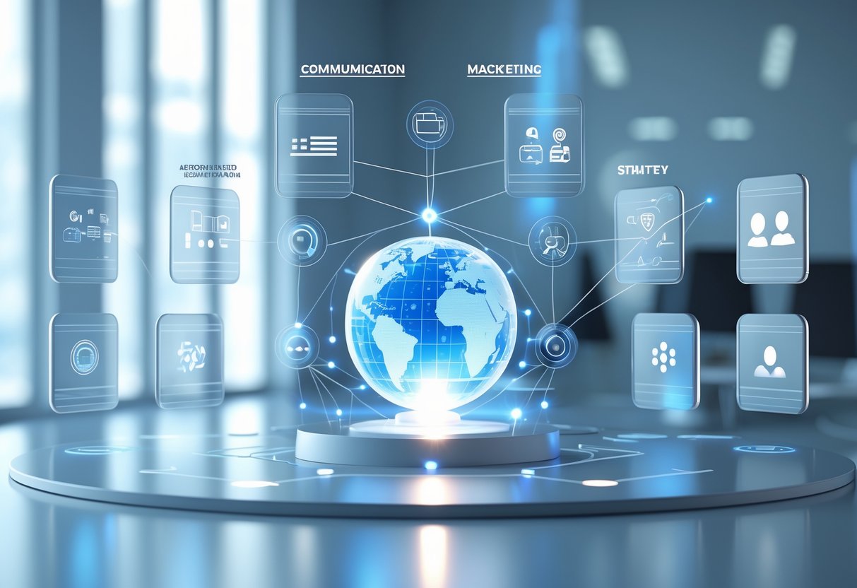A 3D scene showing floating transparent panels with icons around a glowing holographic globe, symbolising brand building and communication in a modern office setting.