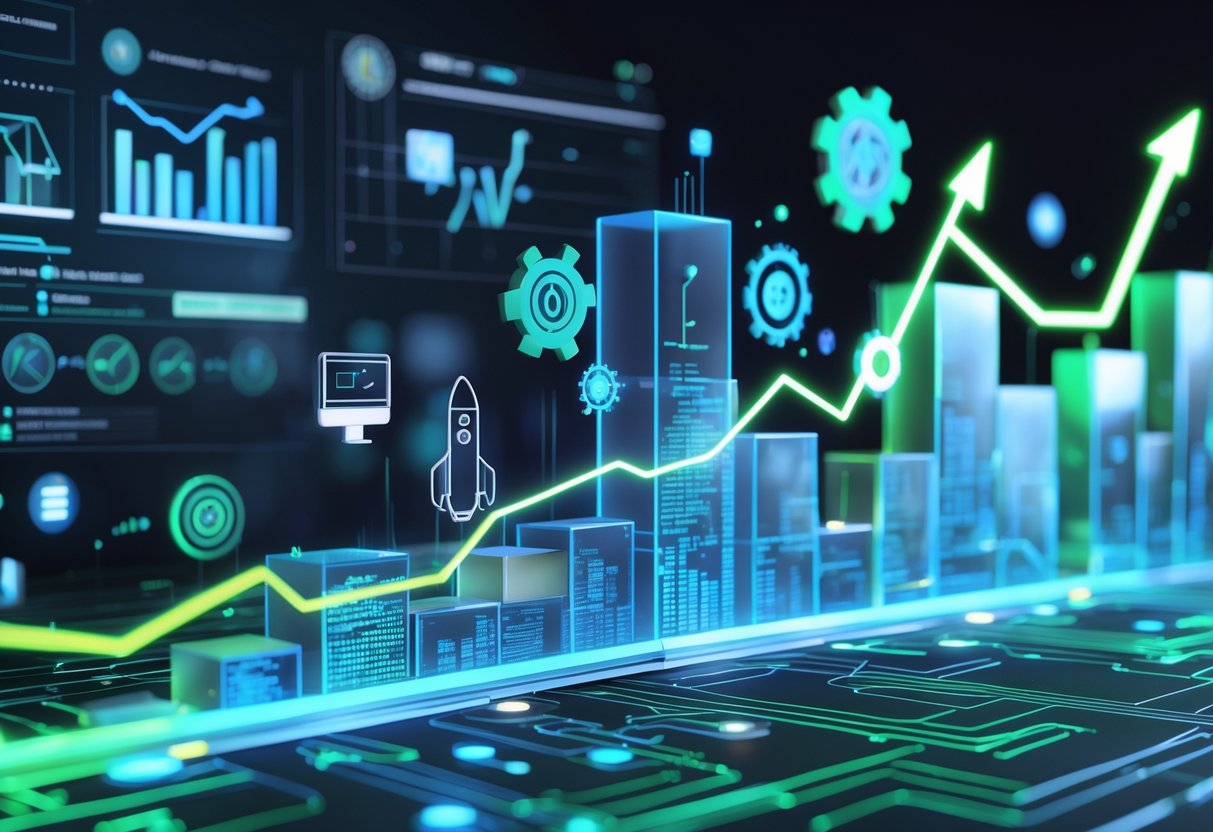 A 3D scene showing a digital timeline from traditional marketing tools to modern technology and data symbols, representing the development of growth hacking.