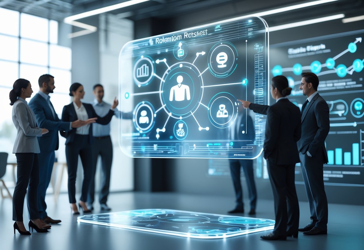 A modern office scene with professionals collaborating around a floating digital interface showing icons related to retention strategies.