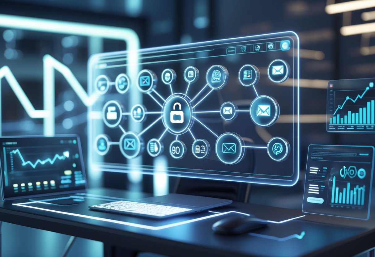 A 3D digital workspace showing interconnected icons and charts representing different growth hacking channels and tactics.