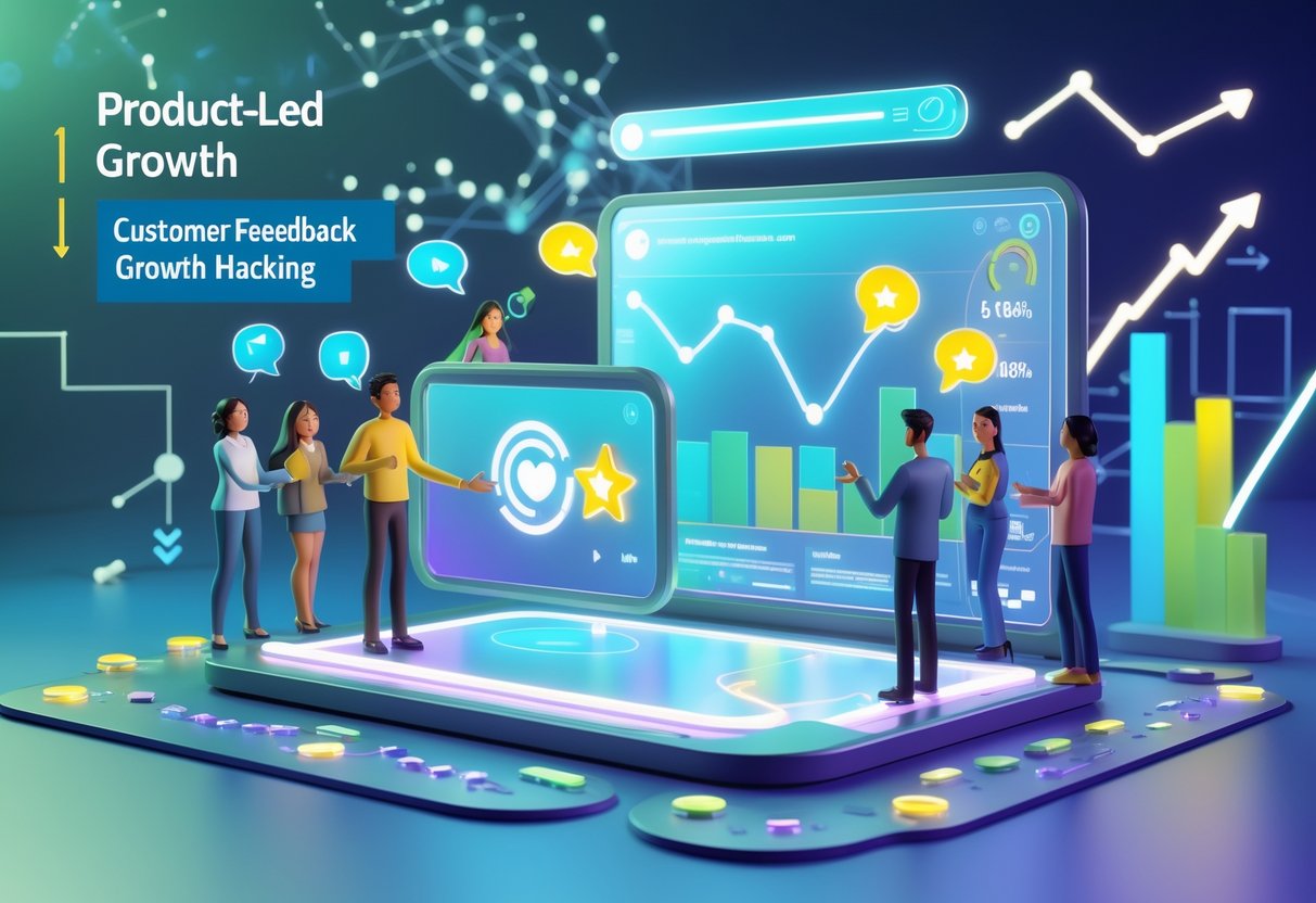 A 3D scene showing a digital dashboard with graphs and customer feedback icons around a product interface, with people interacting and data flowing between them.