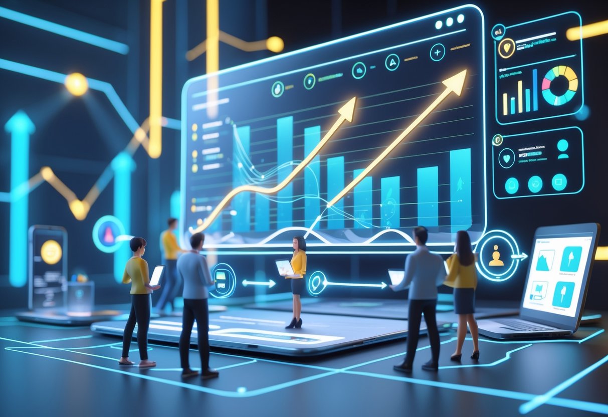 A digital workspace showing charts, graphs, and user avatars connected by arrows representing user acquisition and retention strategies.