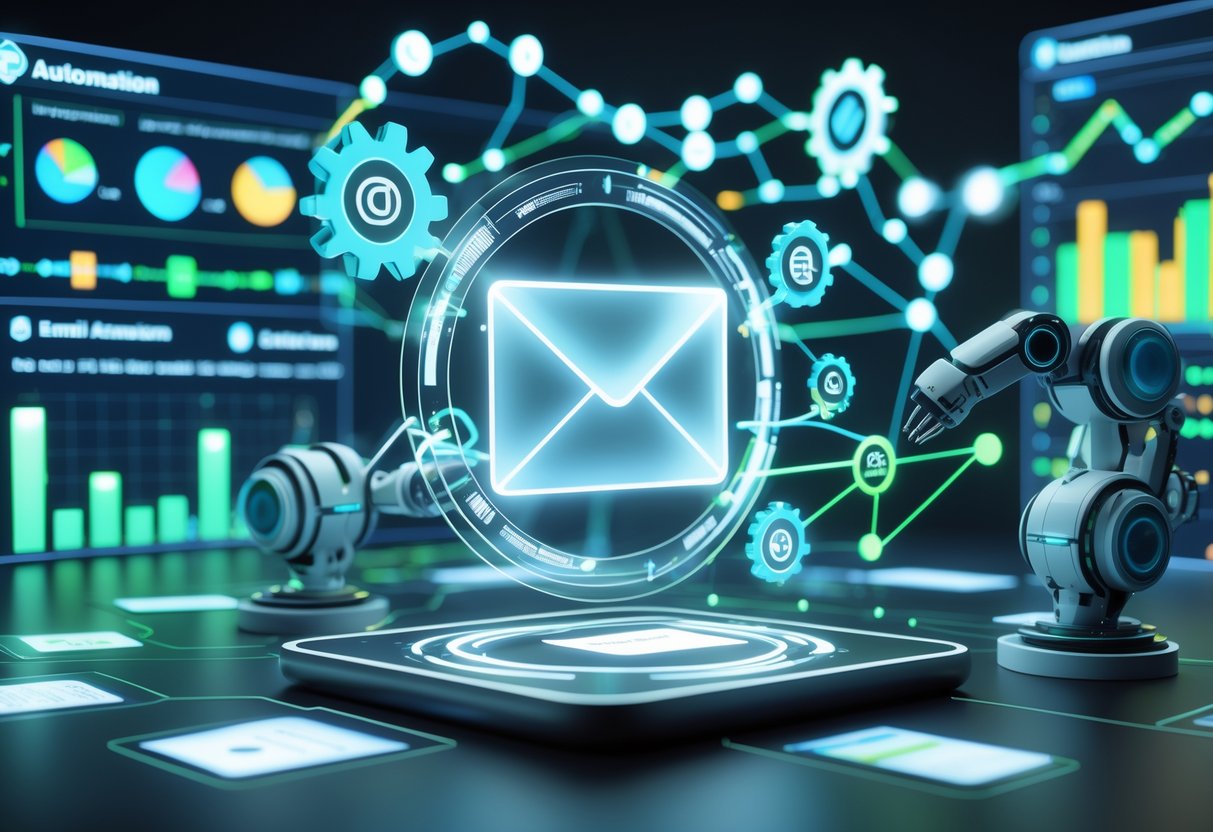 A 3D scene showing a digital workspace with holographic email icons, gears, and data charts connected by glowing lines representing automation and growth.