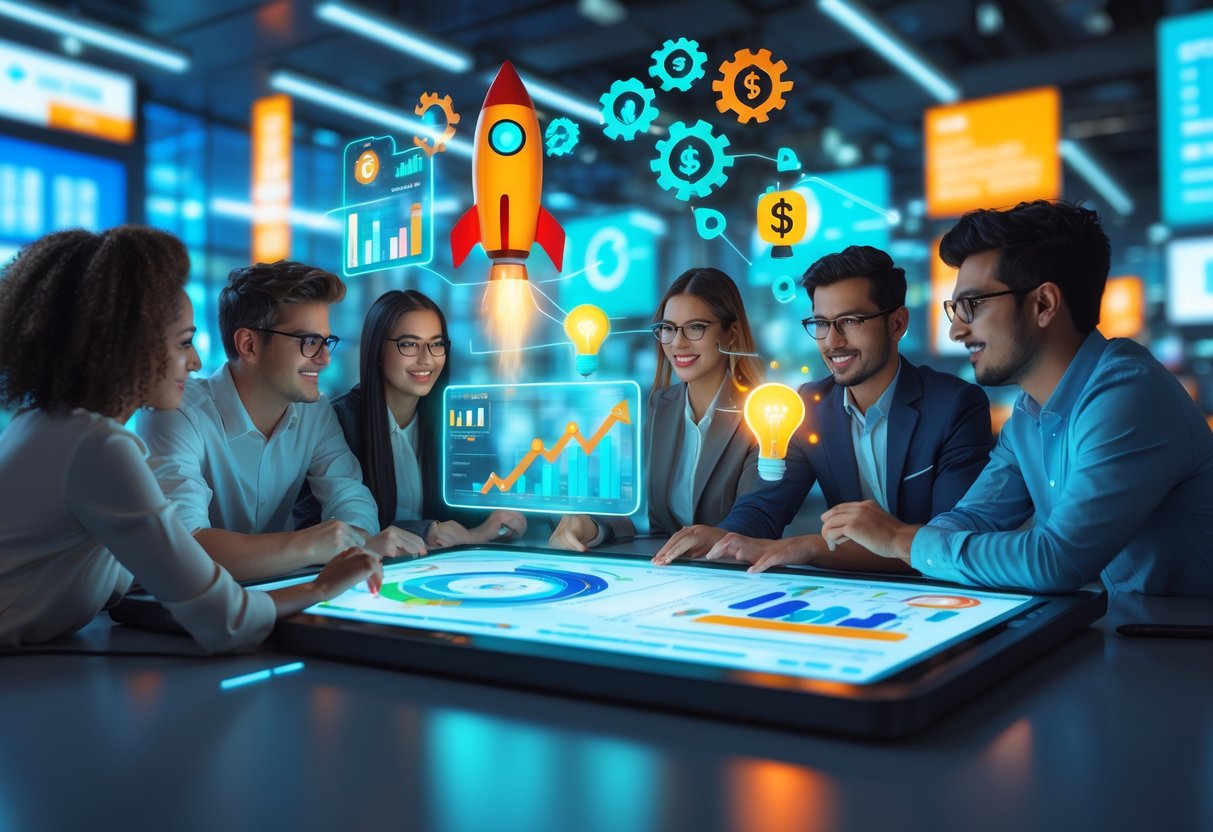 A group of young professionals collaborating around a digital table with floating icons and charts representing business growth in a modern office setting.