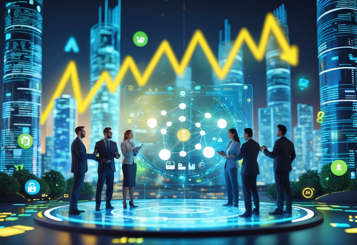 A futuristic cityscape with businesspeople collaborating around a holographic interface showing graphs and data representing rapid growth and success.