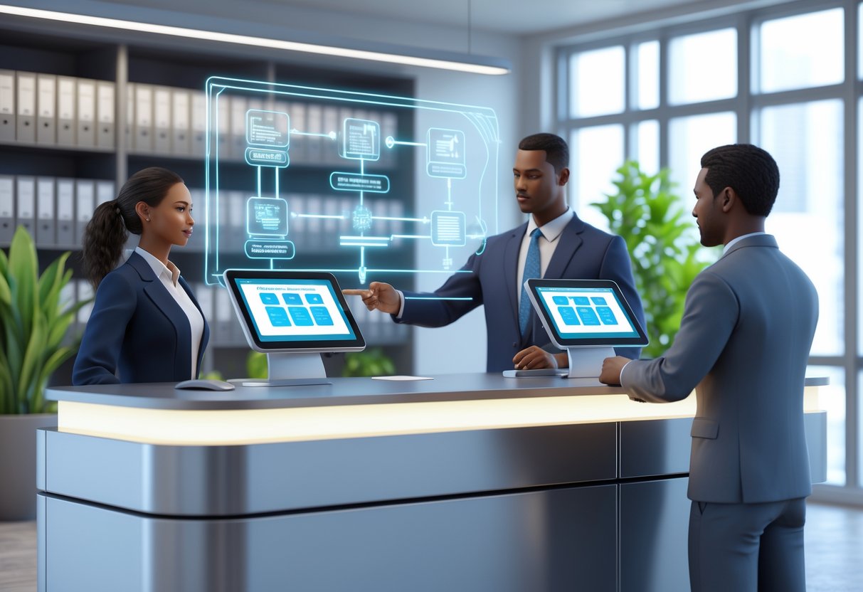 People at an office reception desk being assisted with filing a protest, with a holographic flowchart showing the procedure in the background.