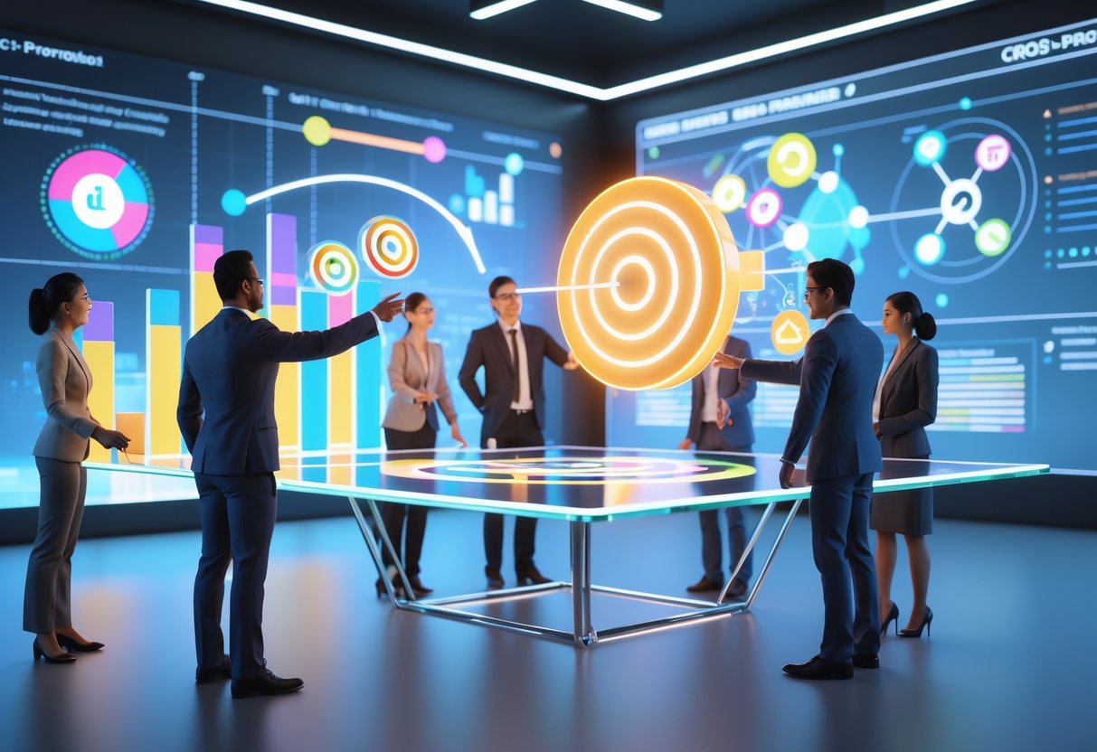 A group of professionals around a table with floating 3D charts and a glowing target symbol, collaborating on marketing strategies.
