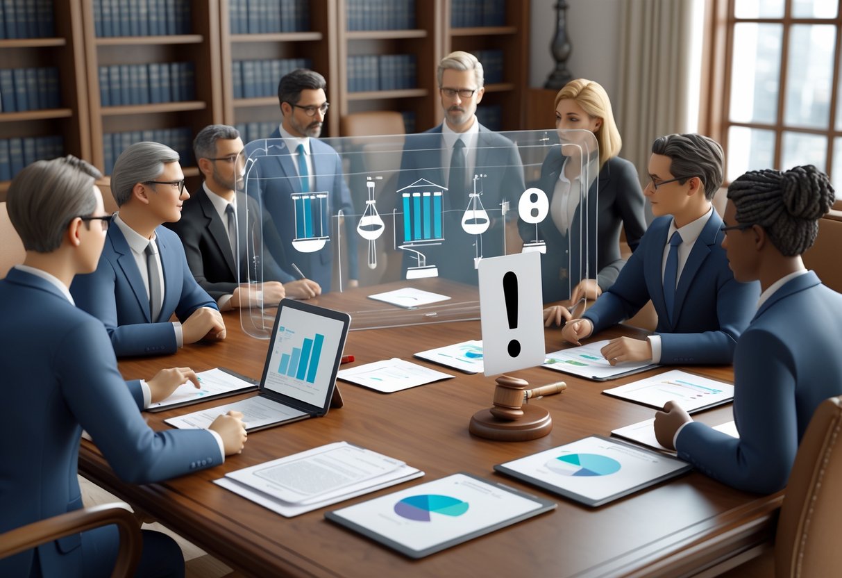 A group of professionals discussing documents around a conference table in an office with legal symbols displayed on a digital screen.