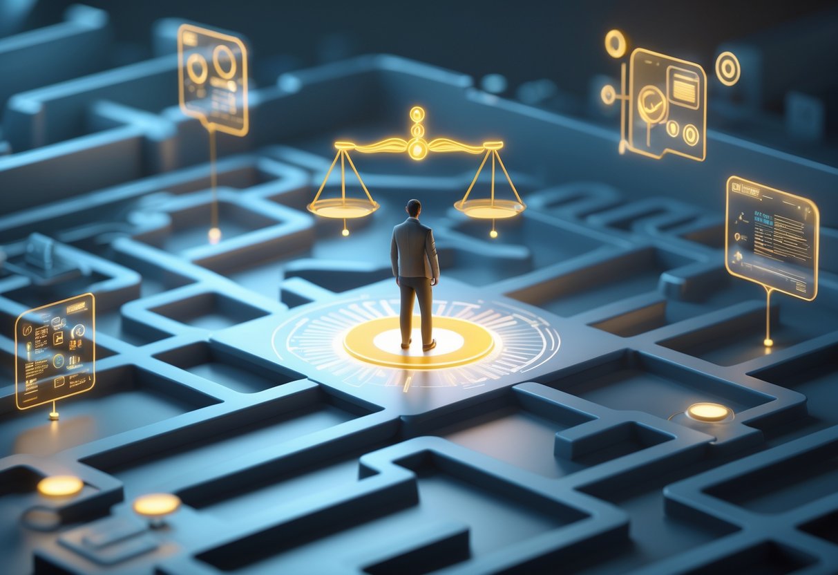 A person stands at a crossroads inside a digital maze, holding a glowing scale balancing symbols of data privacy and innovation, surrounded by holographic icons representing data and technology.