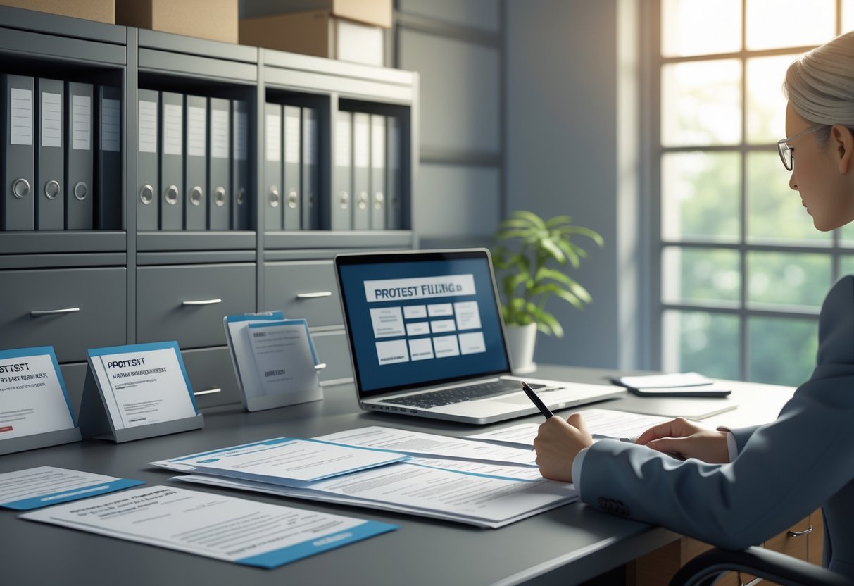 An office scene showing a person reviewing documents at a desk with paperwork, a laptop, and filing cabinets in the background.